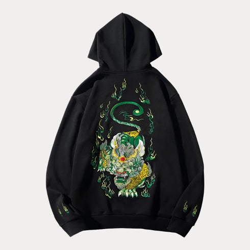 Embroidery Kirin Luxury Sukajan Hoodie with cartoon design for men, hooded, full sleeves, ideal for spring and autumn.